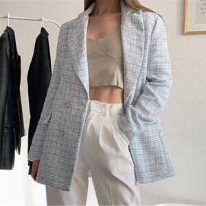 7 For All Mankind Tweed Blazer Jacket 🤍💙 Tailored Plaid Silver Buttons Size L